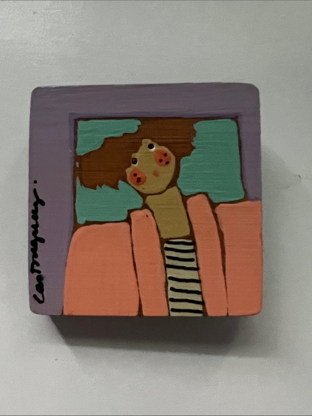 Claudette Castonguay Hand Painted Wood Tile Brooch Pin Quebec Artist